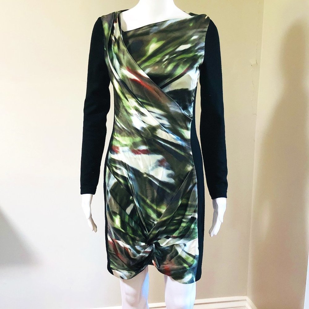 KAREN MILLEN BLACK COCKTAIL DRESS W/ ABSTRACT SILK PANEL ON FRONT OF DRE…